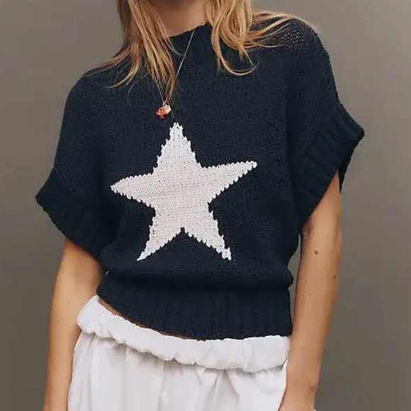 Anthropologie Sweaters - Anthropologie Maeve Navy Star Short Sleeve Sweater
